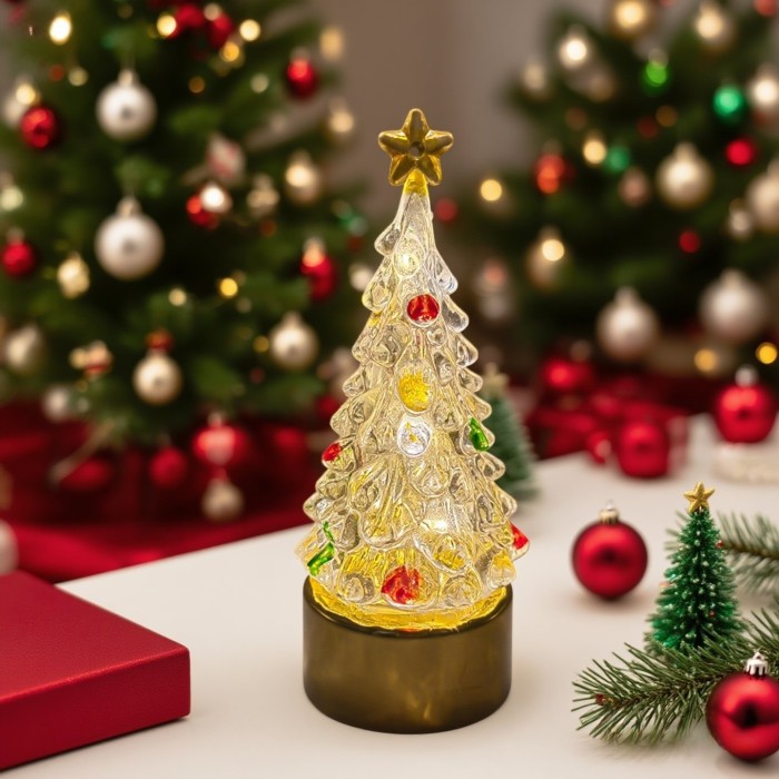 Festive Mini Christmas Tree Ornaments – Self-Lit Glow Effect with Star Topper & Colorful Baubles, Durable Plastic Holiday Décor for Indoor/Outdoor Use