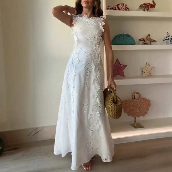 New Fashion Lace Embroidery Women Strap Resort Slimming Long Dress Simple Solid Color Female Banquet Dresses