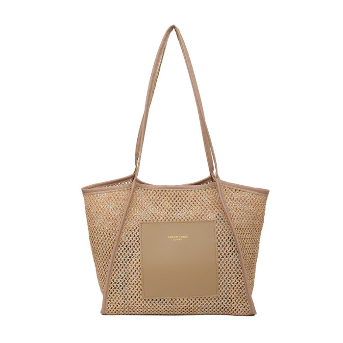 Women’s Woven Straw Tote Bag – Large Capacity Beige & White Shoulder Handbag for Beach, Vacation & Everyday Use