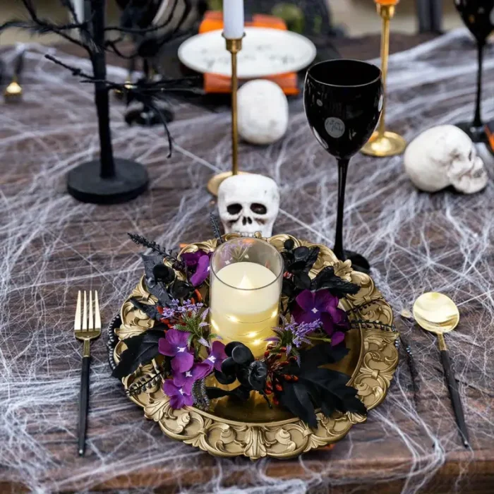 Halloween Black Rose Wreath Centerpiece – Gothic Candle Ring with Gold Frame for Home, Party, Wedding Décor