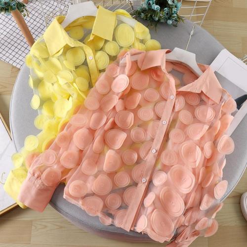 Women’s Elegant French Blouse – 3D Floral Semi-Sheer Mesh Top with Lantern Sleeves