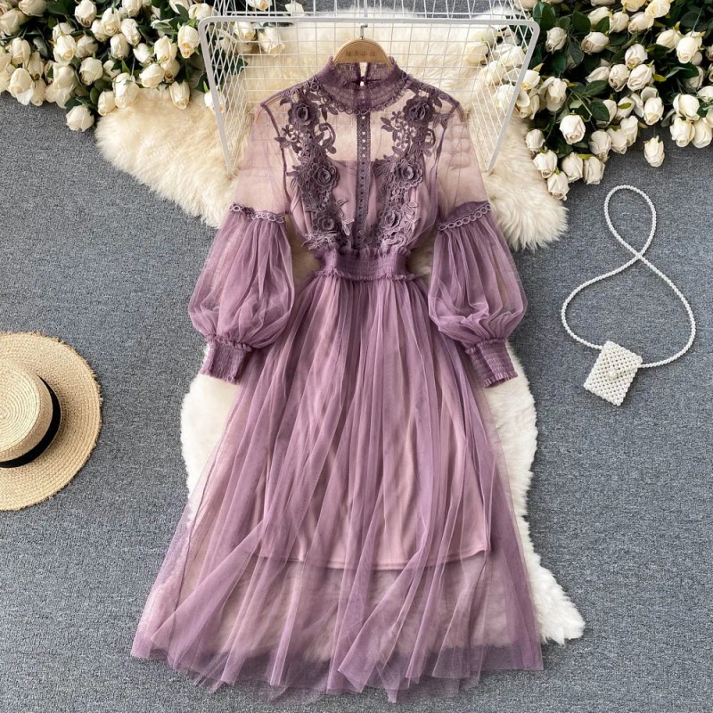 Women’s Summer Mesh Dress – 3D Floral Stand Collar High Waist Slim Fit with Lantern Sleeves