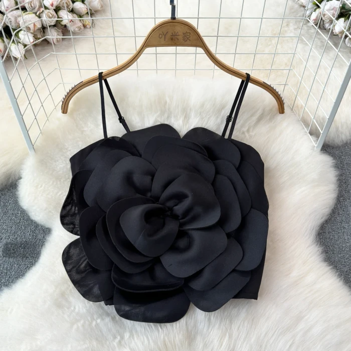 Women’s Summer Crop Top – Stretchy Solid Camisole with Large Flower, Slim Fit