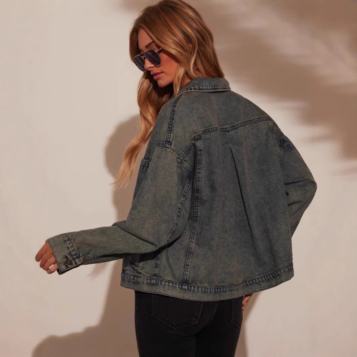 Women Spring Autumn Jacket Solid Color Turndown Collar Button Long Sleeve Pockets Casual Fashion Comfortable Regular Standard