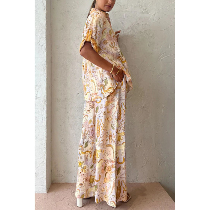 Women’s Printed Two-Piece Set – High Waist Wide Leg Pants with Top, Casual Fashion Outfit
