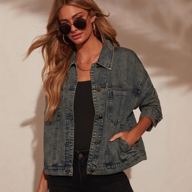 Women Spring Autumn Jacket Solid Color Turndown Collar Button Long Sleeve Pockets Casual Fashion Comfortable Regular Standard