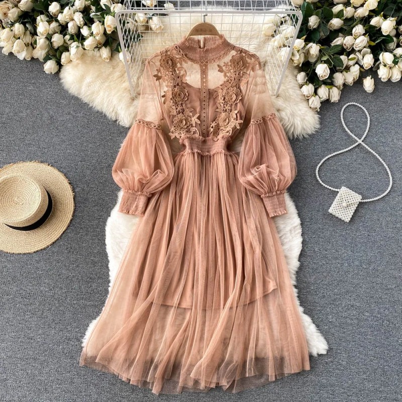 Women’s Summer Mesh Dress – 3D Floral Stand Collar High Waist Slim Fit with Lantern Sleeves