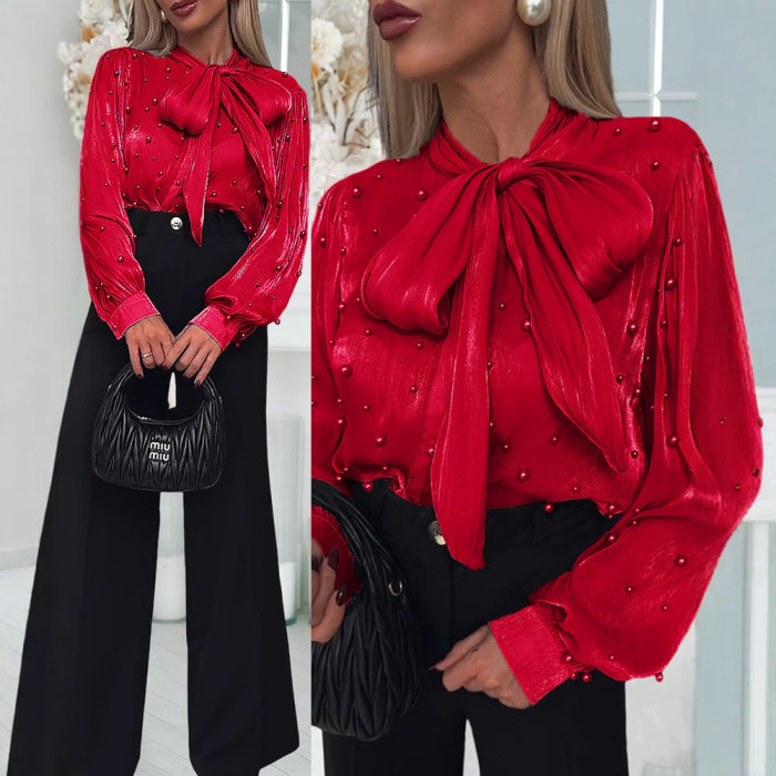 Women’s Solid Color O-Neck Shirt – Long Sleeve Bow Tie Casual Elegant Top