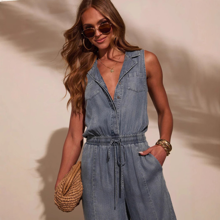Women Spring Summer Jumpsuit Solid Color V Neck Sleeveless High Waist Pencil Pants Lace-up Casual Fashion Comfortable Regular