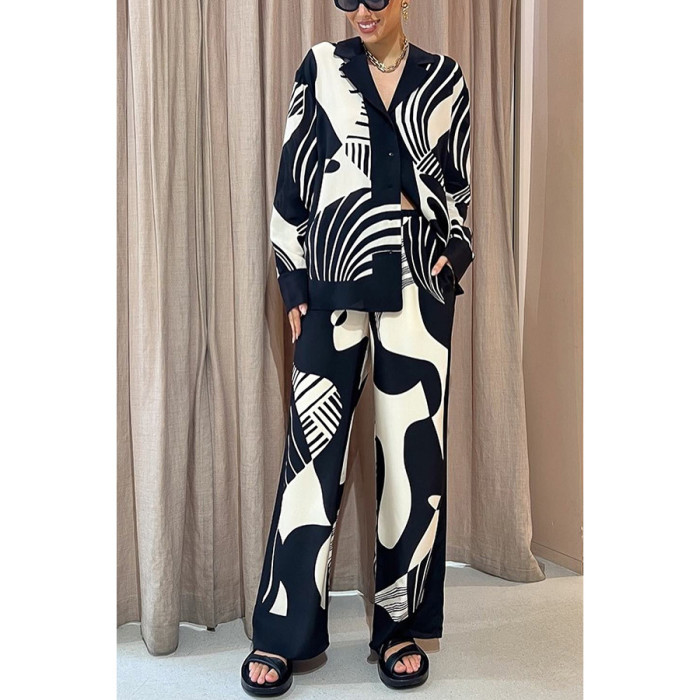Women’s Printed Two-Piece Set – High Waist Wide Leg Pants with Top, Casual Fashion Outfit