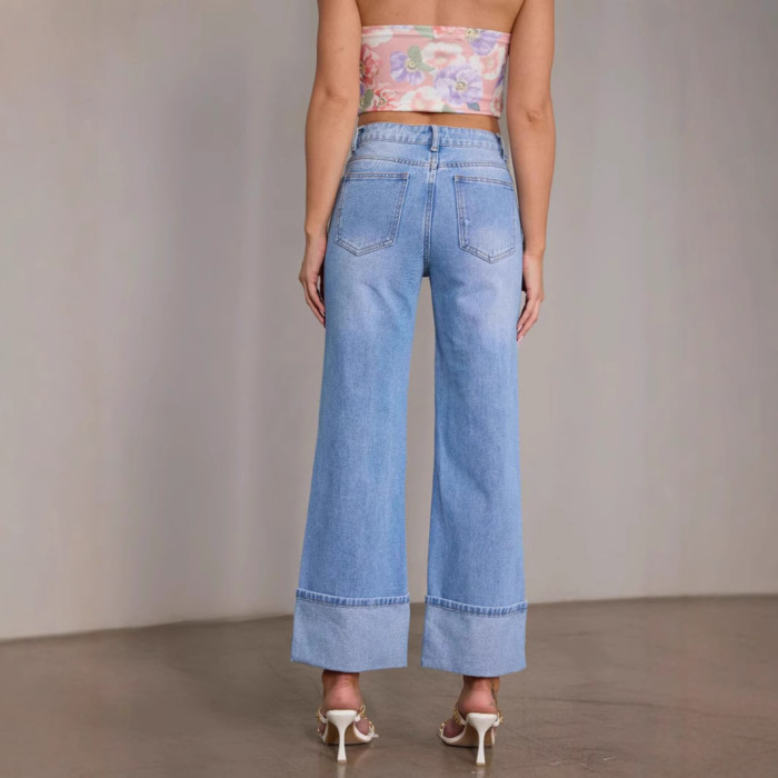 Women Autumn Winter Trouser Pants Jeans Solid Color High Waist Wide Leg Pants Button Sheath Casual Fashion Comfortable Regular