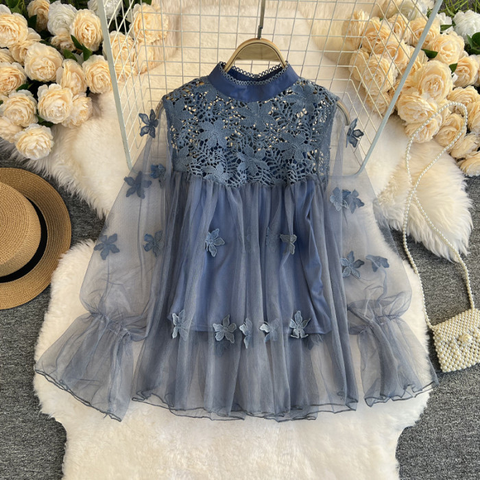 Women’s Vintage Lace Blouse – Elegant Puff Long Sleeve Top