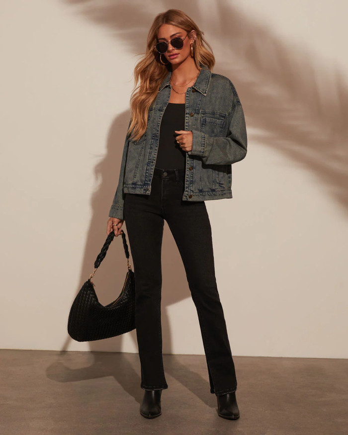 Women Spring Autumn Jacket Solid Color Turndown Collar Button Long Sleeve Pockets Casual Fashion Comfortable Regular Standard