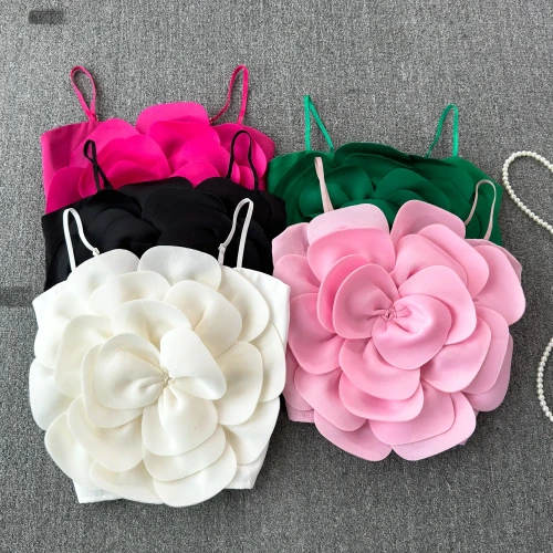 Women’s Summer Crop Top – Stretchy Solid Camisole with Large Flower, Slim Fit