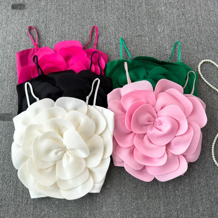 Women’s Summer Crop Top – Stretchy Solid Camisole with Large Flower, Slim Fit