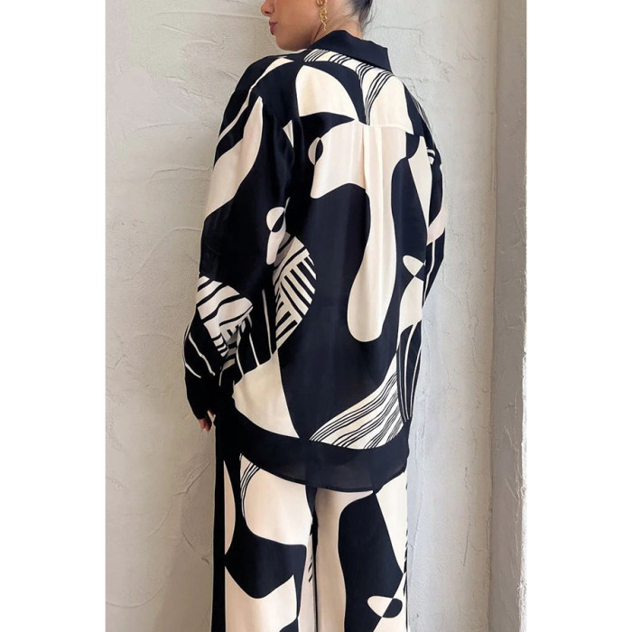 Women’s Printed Two-Piece Set – High Waist Wide Leg Pants with Top, Casual Fashion Outfit