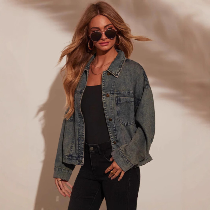 Women Spring Autumn Jacket Solid Color Turndown Collar Button Long Sleeve Pockets Casual Fashion Comfortable Regular Standard