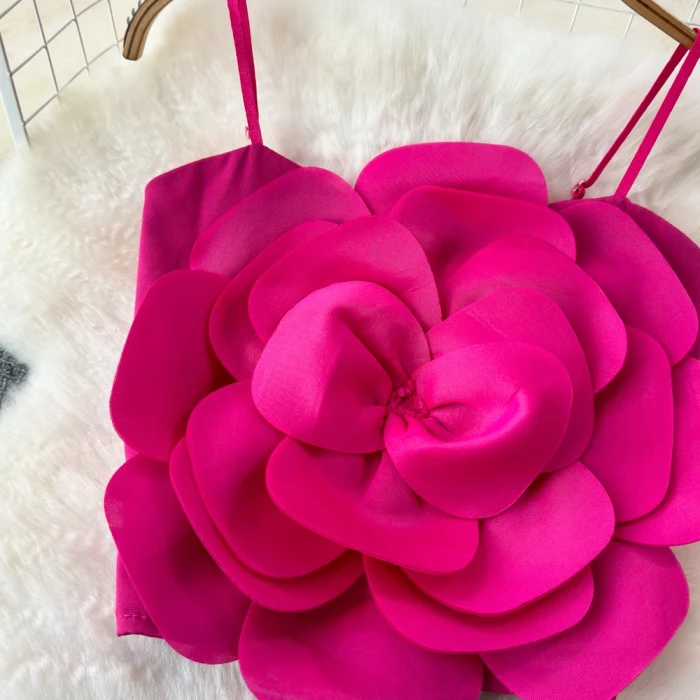 Women’s Summer Crop Top – Stretchy Solid Camisole with Large Flower, Slim Fit