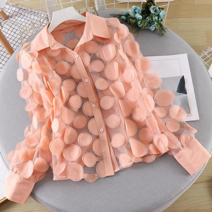 Women’s Elegant French Blouse – 3D Floral Semi-Sheer Mesh Top with Lantern Sleeves