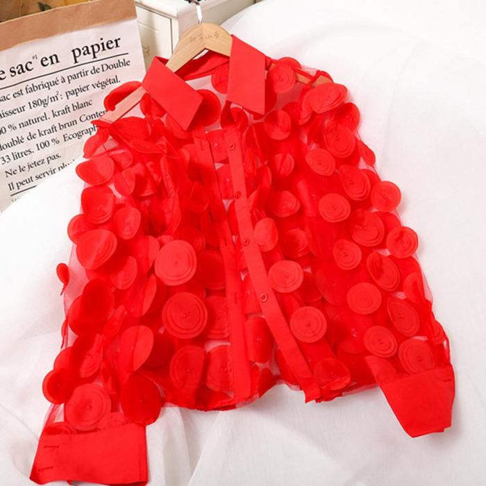 Women’s Elegant French Blouse – 3D Floral Semi-Sheer Mesh Top with Lantern Sleeves