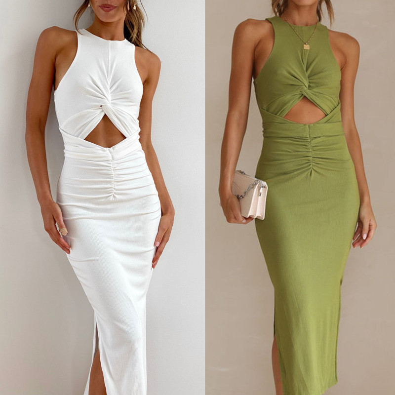 Women's Solid Color Hollow Out Sleeveless Midi Dress – Sexy Casual Sheath