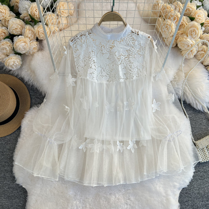 Women’s Vintage Lace Blouse – Elegant Puff Long Sleeve Top
