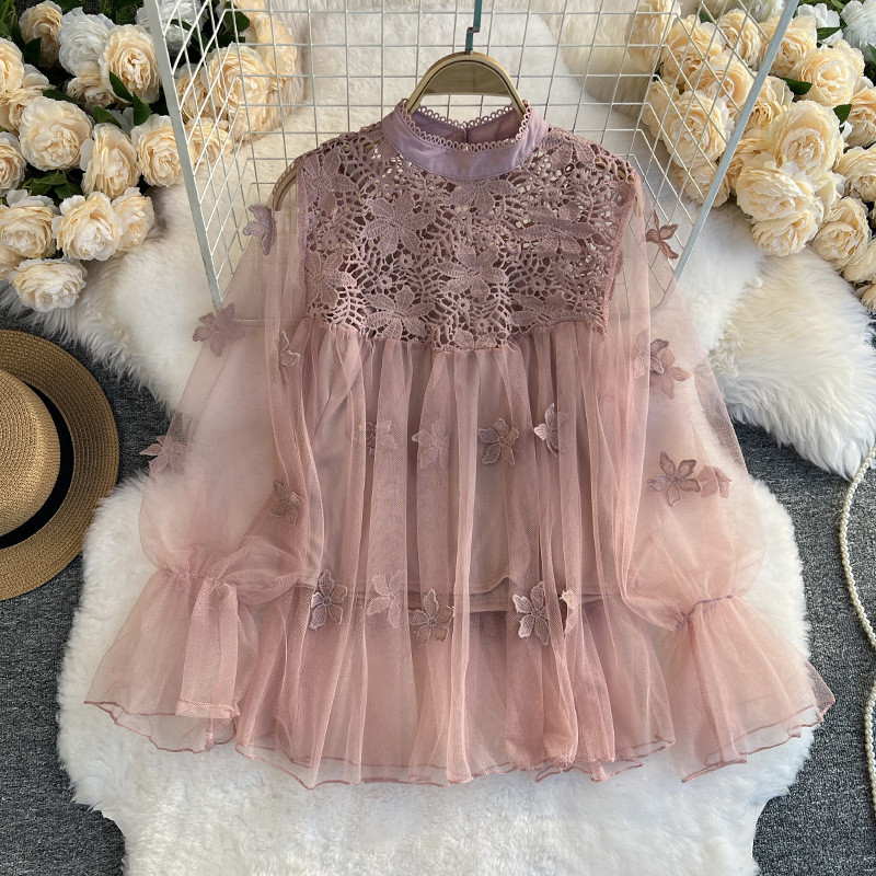 Women’s Vintage Lace Blouse – Elegant Puff Long Sleeve Top