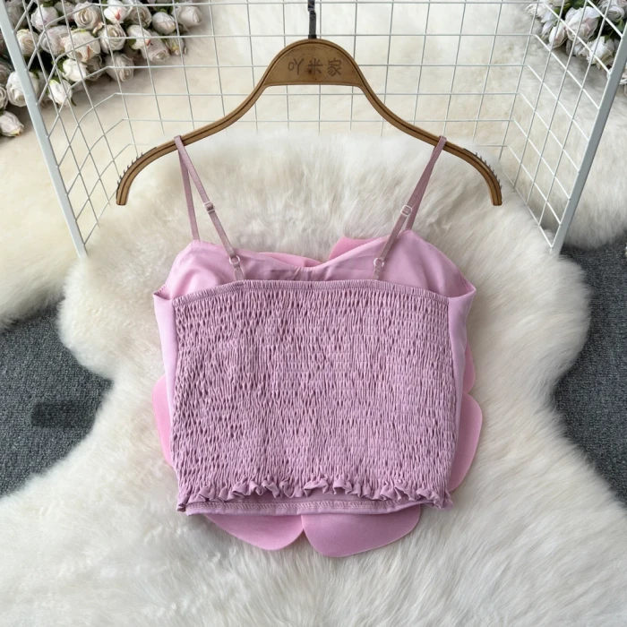 Women’s Summer Crop Top – Stretchy Solid Camisole with Large Flower, Slim Fit