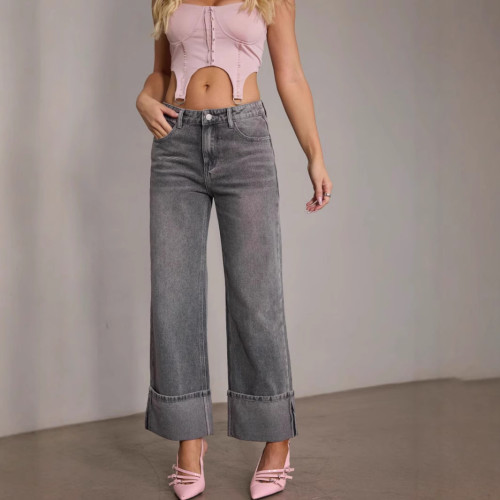 Women Autumn Winter Trouser Pants Jeans Solid Color High Waist Wide Leg Pants Button Sheath Casual Fashion Comfortable Regular