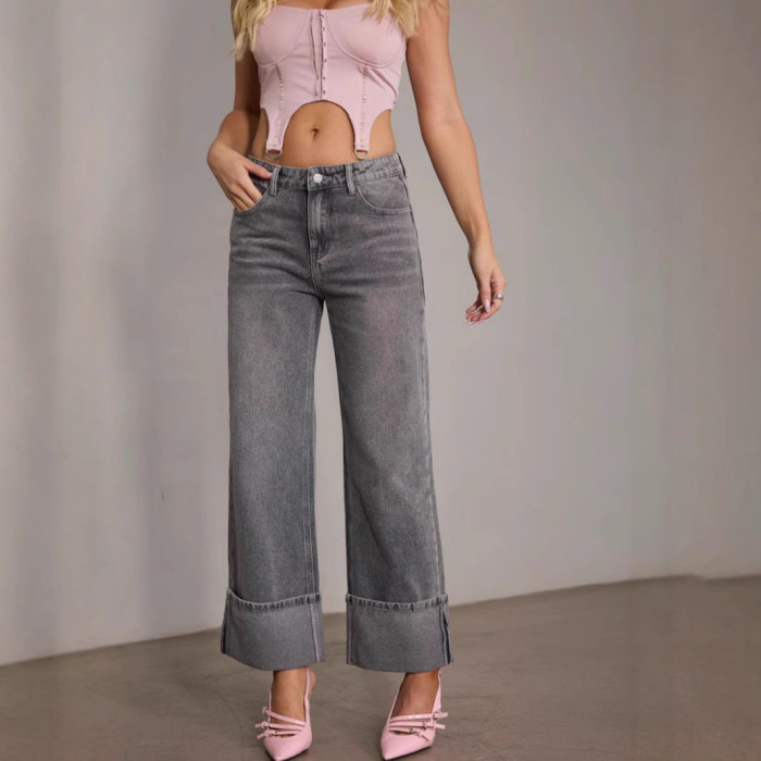 Women Autumn Winter Trouser Pants Jeans Solid Color High Waist Wide Leg Pants Button Sheath Casual Fashion Comfortable Regular