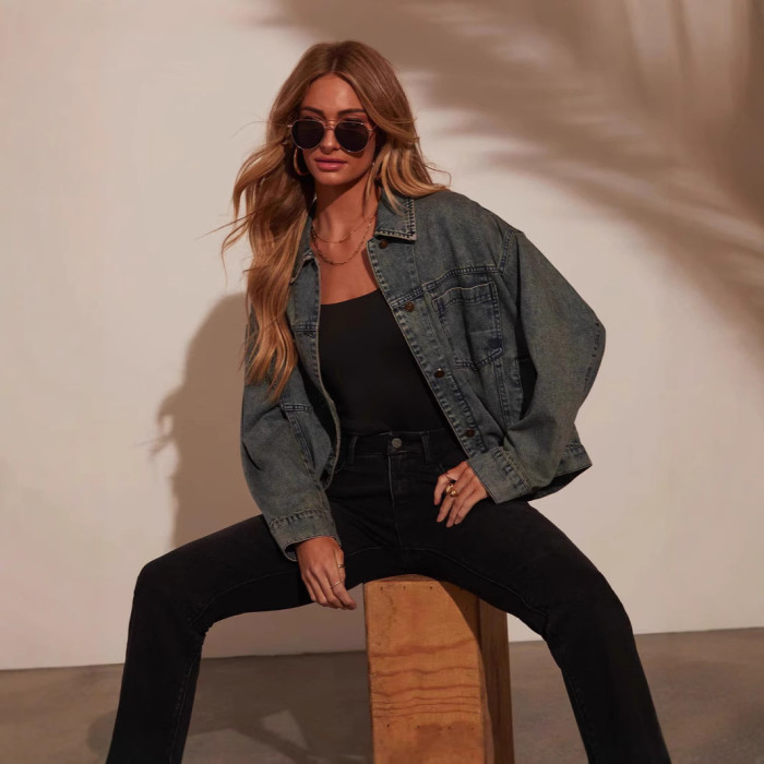 Women Spring Autumn Jacket Solid Color Turndown Collar Button Long Sleeve Pockets Casual Fashion Comfortable Regular Standard