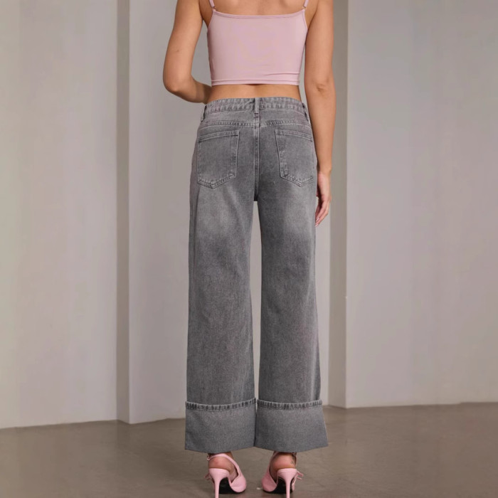 Women Autumn Winter Trouser Pants Jeans Solid Color High Waist Wide Leg Pants Button Sheath Casual Fashion Comfortable Regular