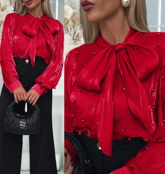 Women’s Solid Color O-Neck Shirt – Long Sleeve Bow Tie Casual Elegant Top