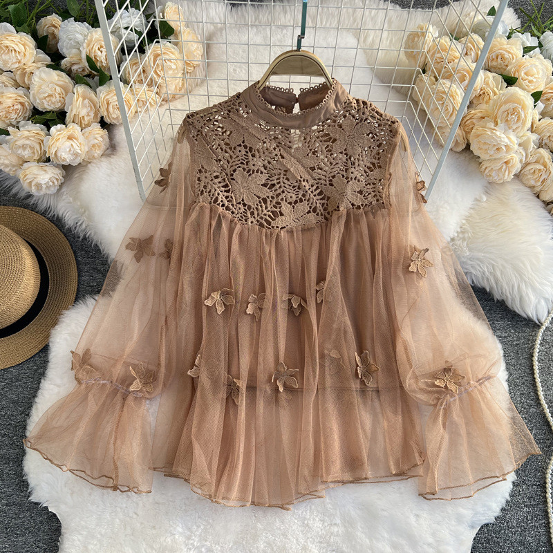 Women’s Vintage Lace Blouse – Elegant Puff Long Sleeve Top