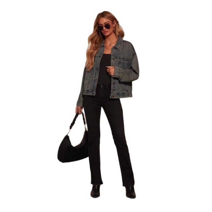 Women Spring Autumn Jacket Solid Color Turndown Collar Button Long Sleeve Pockets Casual Fashion Comfortable Regular Standard