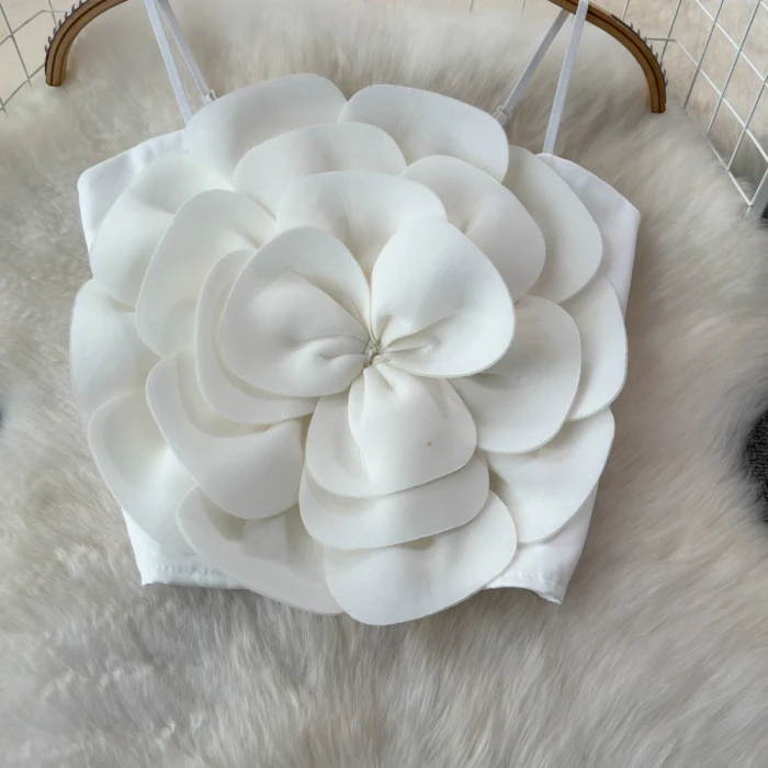 Women’s Summer Crop Top – Stretchy Solid Camisole with Large Flower, Slim Fit