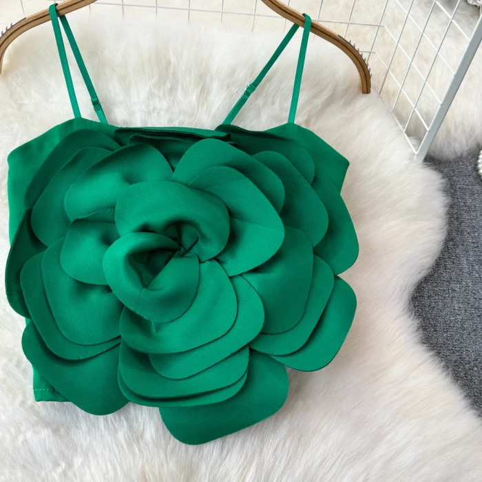 Women’s Summer Crop Top – Stretchy Solid Camisole with Large Flower, Slim Fit