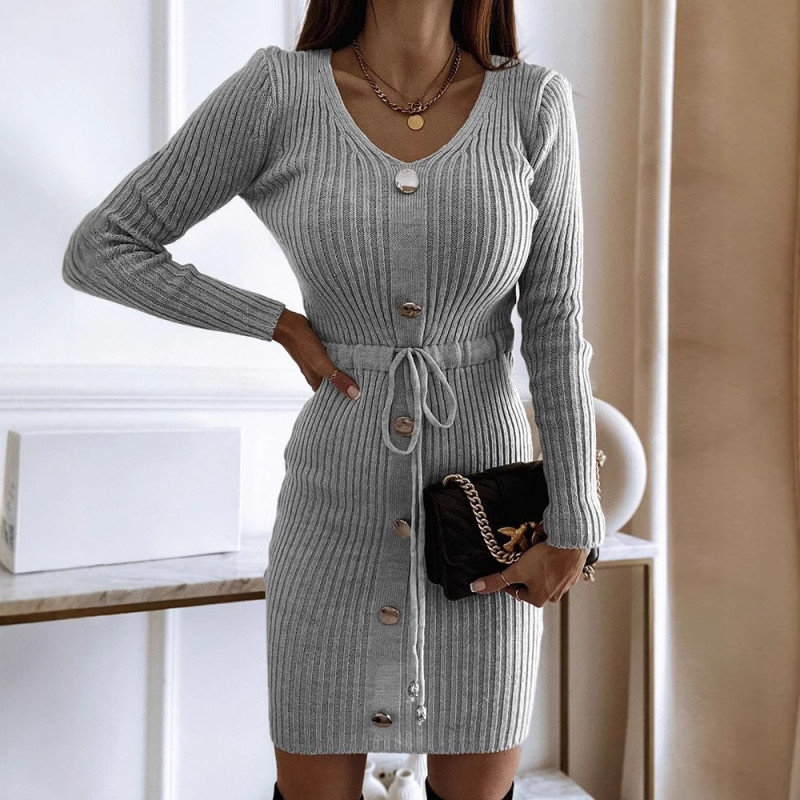 Women’s Solid Color V-Neck Dress – Button Lace-Up Casual Sweater Dress
