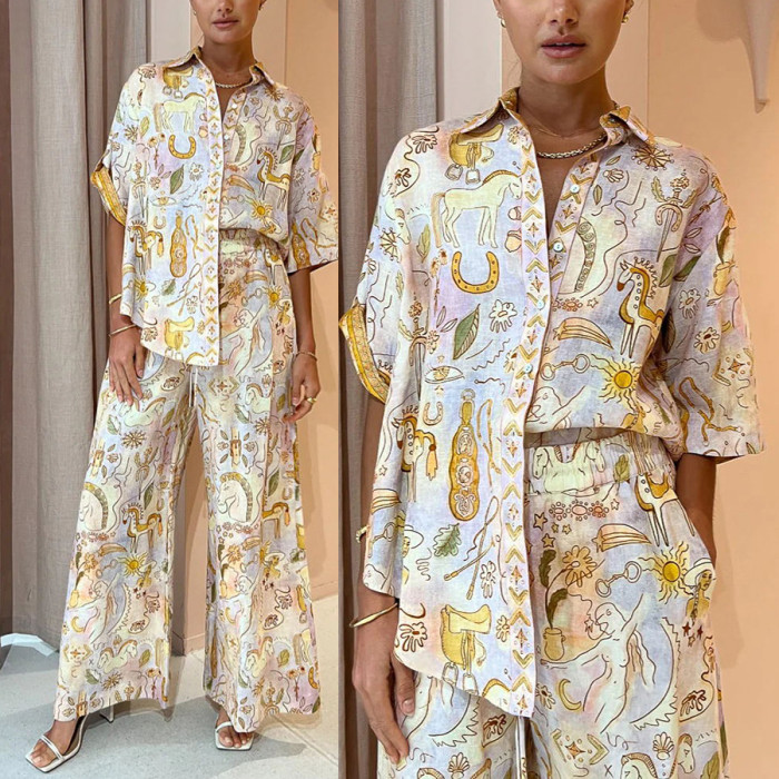 Women’s Printed Two-Piece Set – High Waist Wide Leg Pants with Top, Casual Fashion Outfit