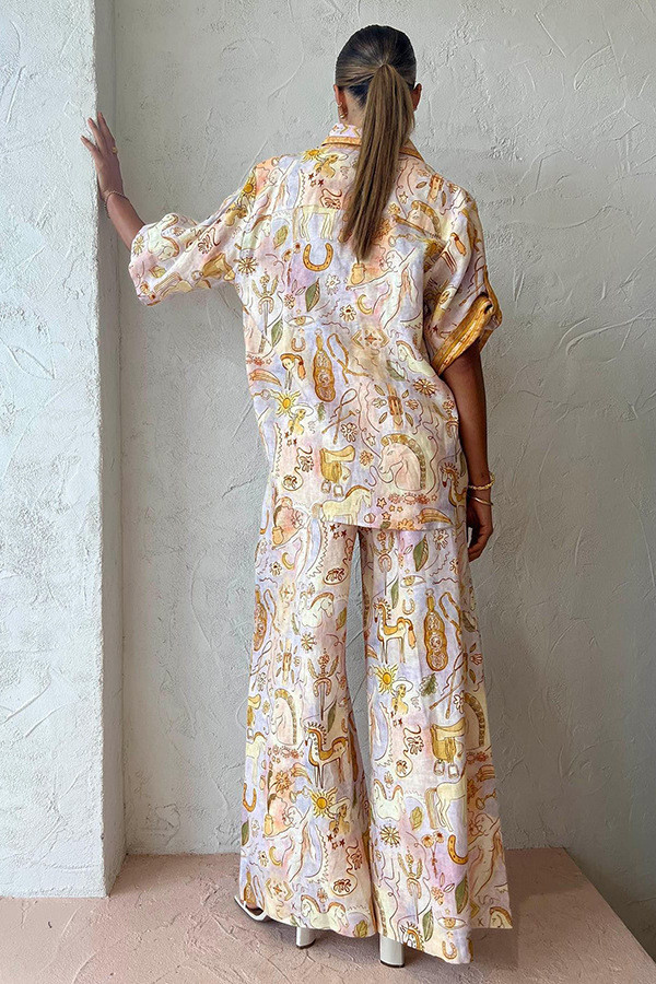 Women’s Printed Two-Piece Set – High Waist Wide Leg Pants with Top, Casual Fashion Outfit