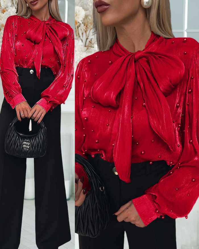 Women’s Solid Color O-Neck Shirt – Long Sleeve Bow Tie Casual Elegant Top