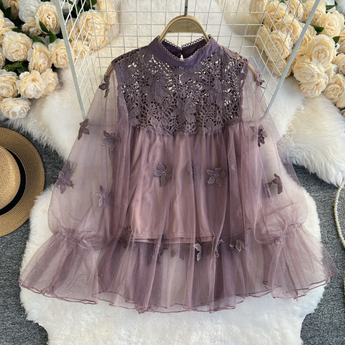 Women’s Vintage Lace Blouse – Elegant Puff Long Sleeve Top