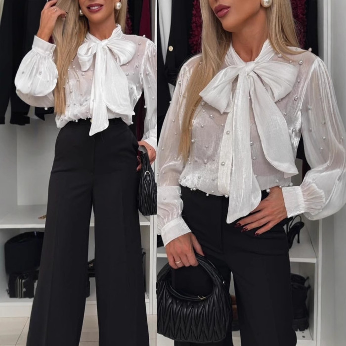 Women’s Solid Color O-Neck Shirt – Long Sleeve Bow Tie Casual Elegant Top