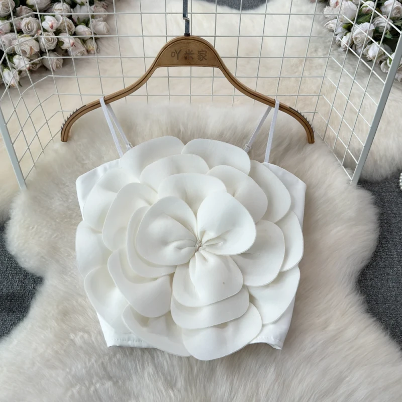 Women’s Summer Crop Top – Stretchy Solid Camisole with Large Flower, Slim Fit