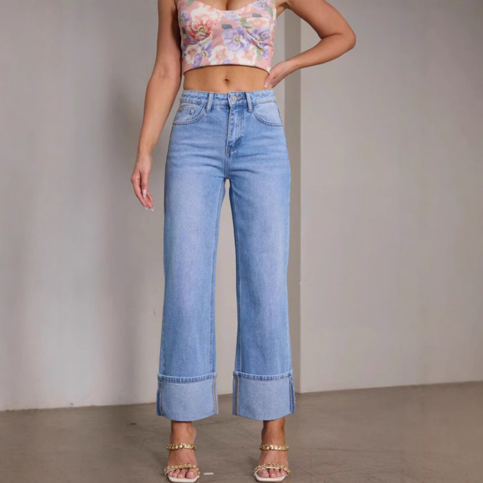 Women Autumn Winter Trouser Pants Jeans Solid Color High Waist Wide Leg Pants Button Sheath Casual Fashion Comfortable Regular