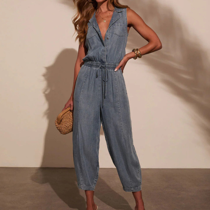 Women Spring Summer Jumpsuit Solid Color V Neck Sleeveless High Waist Pencil Pants Lace-up Casual Fashion Comfortable Regular