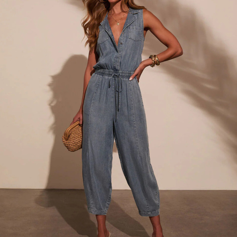 Women Spring Summer Jumpsuit Solid Color V Neck Sleeveless High Waist Pencil Pants Lace-up Casual Fashion Comfortable Regular