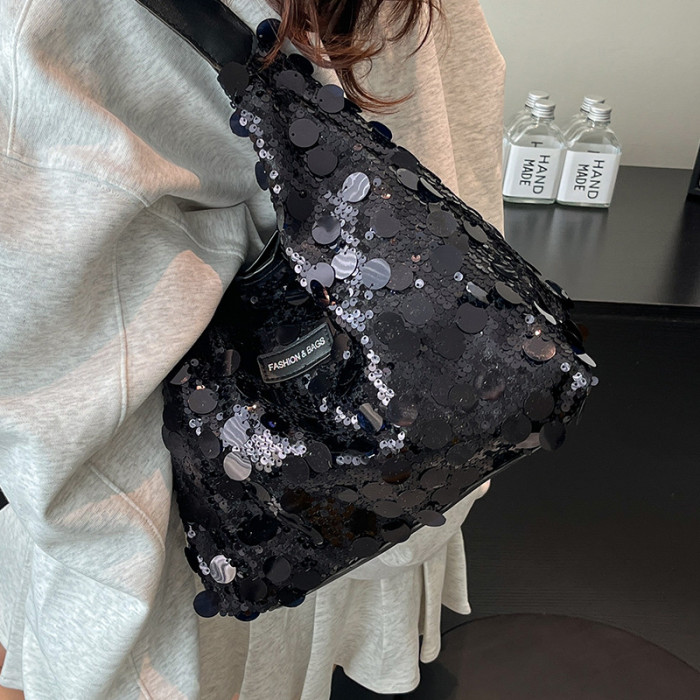 Women’s Sequin Tote Bag – Sparkle Shoulder Hobo Handbag with Wide Strap & Zip Closure
