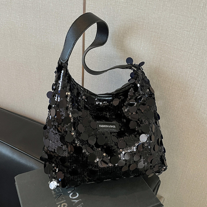 Women’s Sequin Tote Bag – Sparkle Shoulder Hobo Handbag with Wide Strap & Zip Closure