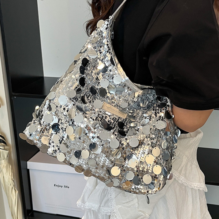Women’s Sequin Tote Bag – Sparkle Shoulder Hobo Handbag with Wide Strap & Zip Closure
